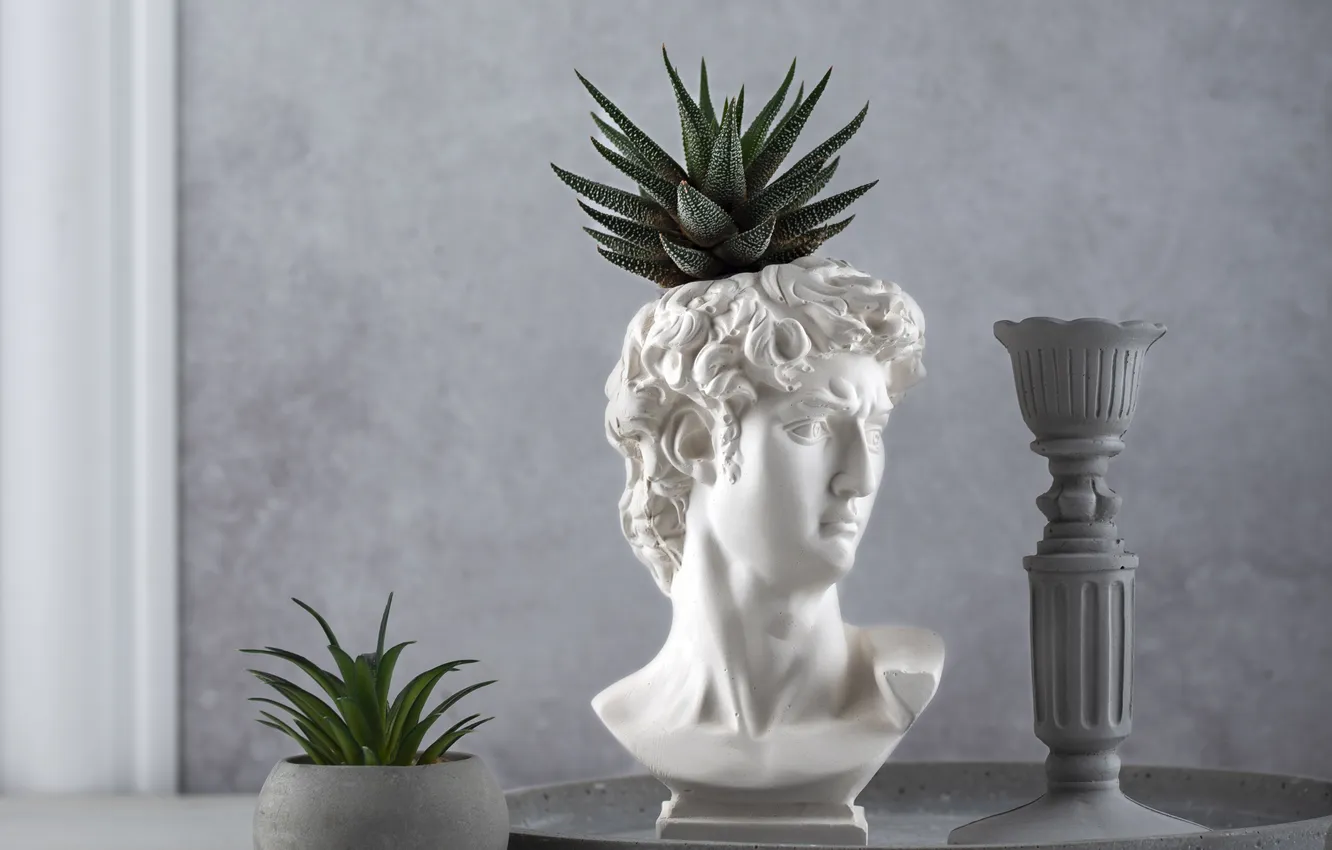 Photo wallpaper wall, minimalism, pot, vase, sculpture, grey background, art, bust