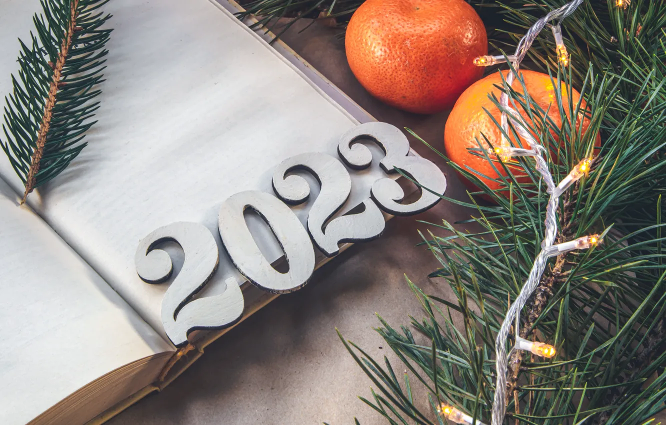 Photo wallpaper new year, Christmas, needles, date, Christmas decorations, 2023