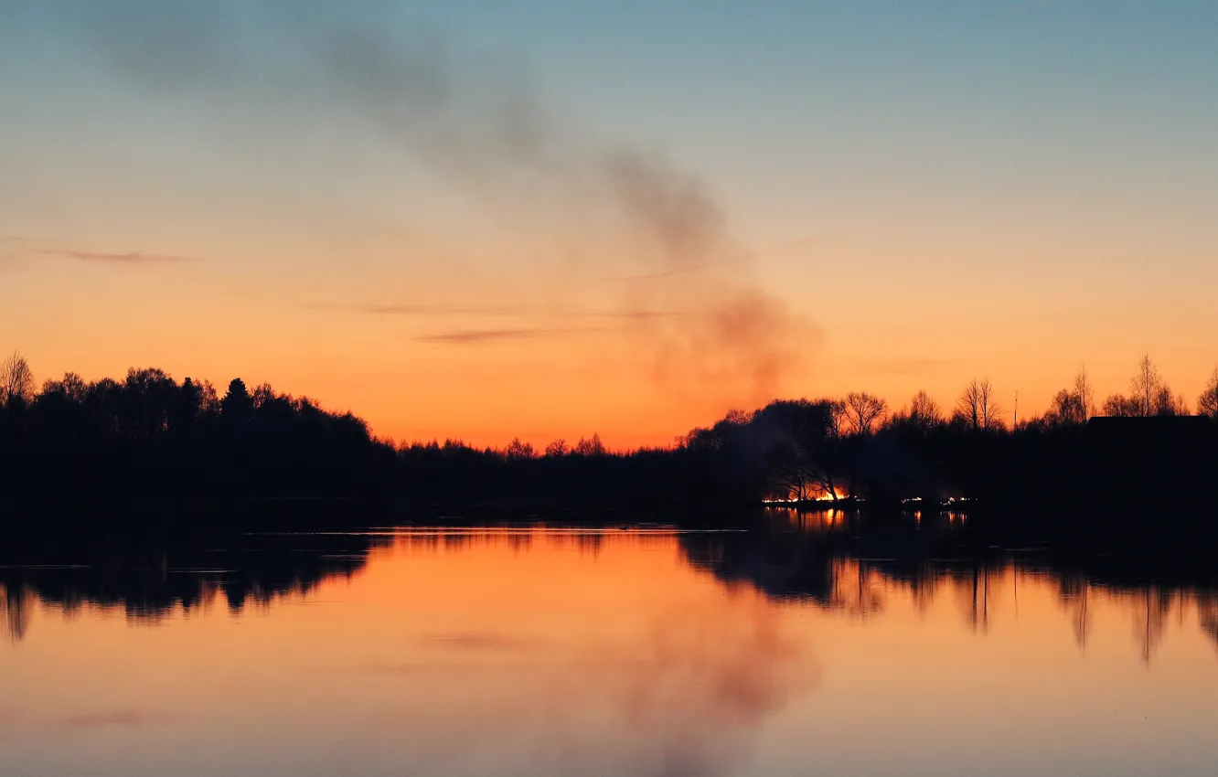 Photo wallpaper sunset, lake, fire