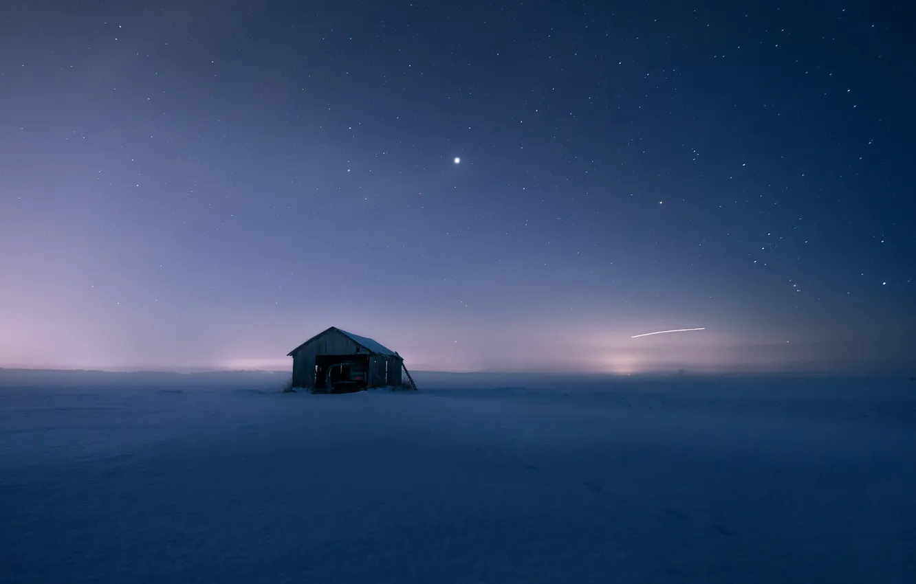 Photo wallpaper field, snow, night, house
