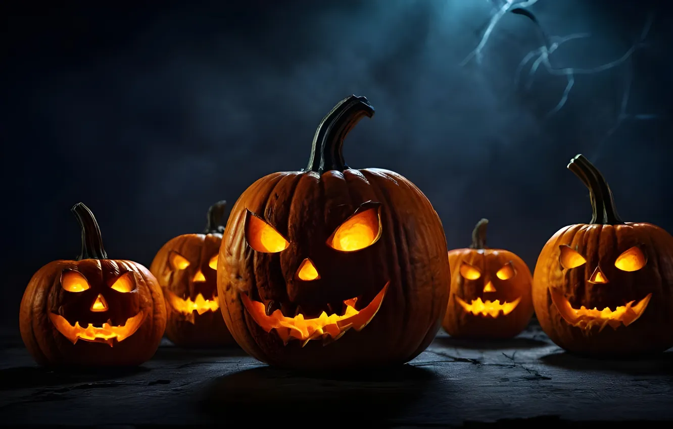 Photo wallpaper autumn, lights, smile, the dark background, holiday, pumpkin, Halloween, Halloween