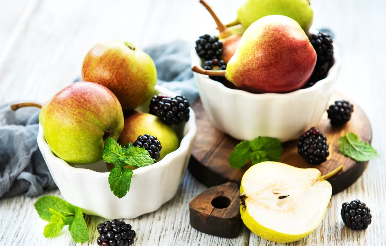 Photo wallpaper table, bowl, pear, BlackBerry, ripe, Olena Rudo