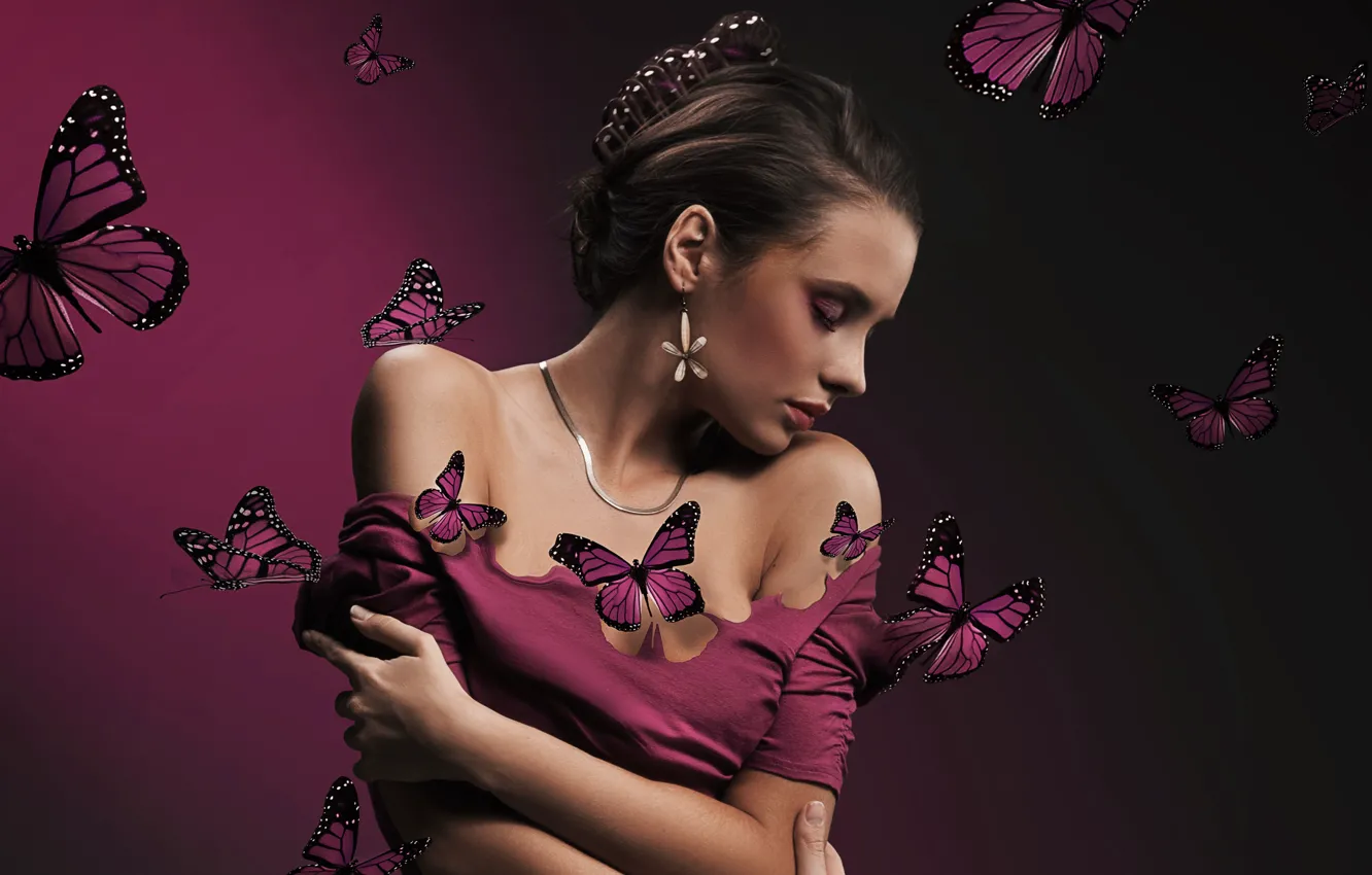Photo wallpaper butterfly, woman, girl, beautiful, face, person, butterflies