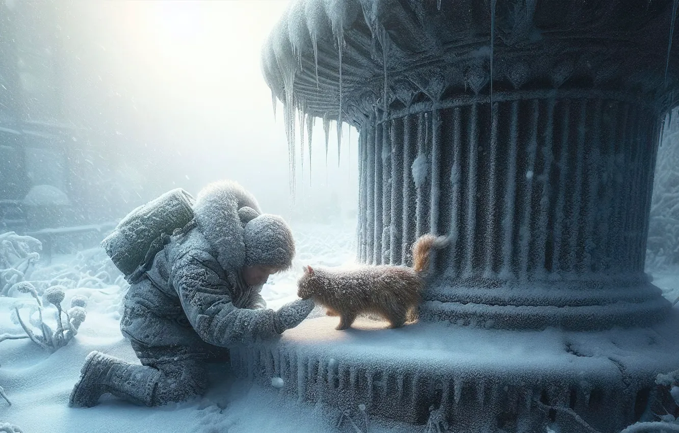 Photo wallpaper winter, frost, cat, cat, snow, kindness, icicles, frost