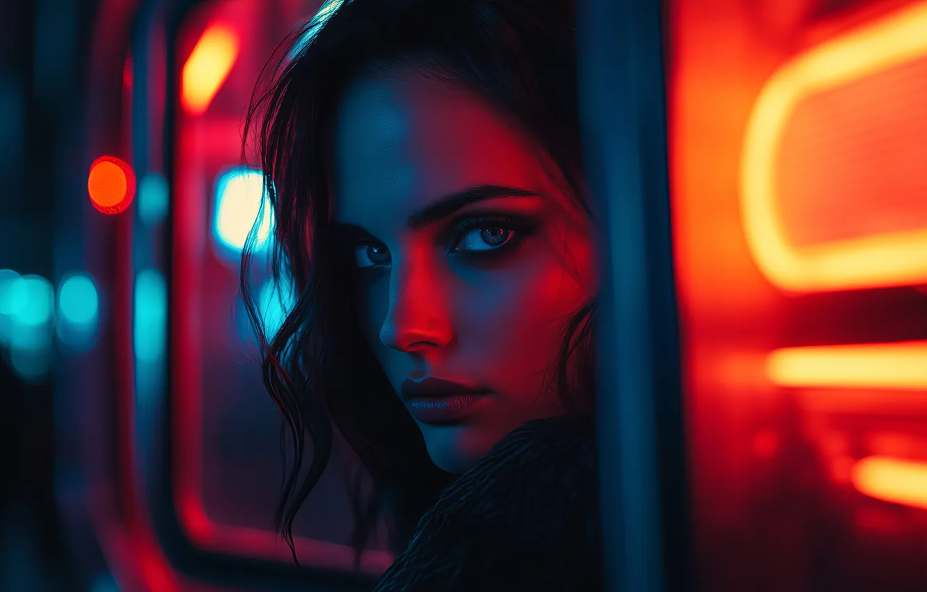 Photo wallpaper girl, night, face, neon, night, Neon, women, face