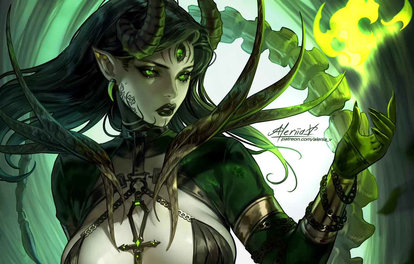 Photo wallpaper fire, girl, fantasy, cleavage, horns, green eyes, digital art, artwork