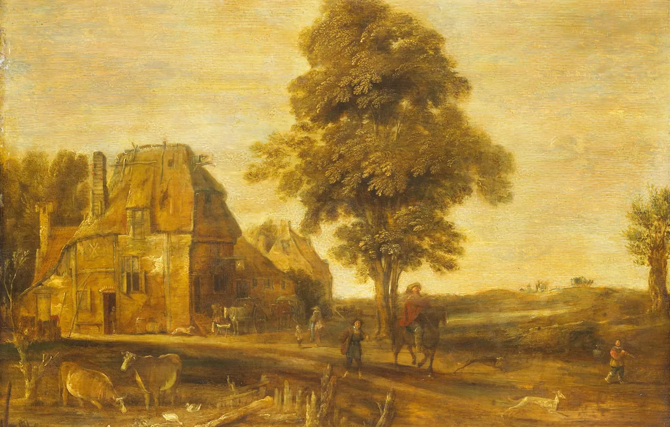 Photo wallpaper oil, picture, Art van der NEER, Aert van der Neer, 1639, Landscape with an Inn