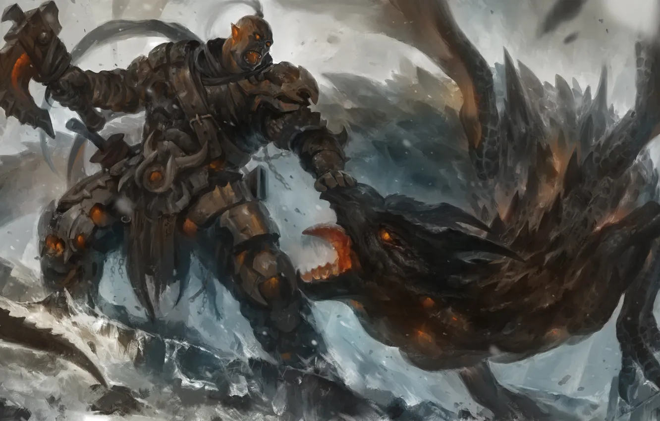 Photo wallpaper stones, dragon, art, battle, Orc, axe