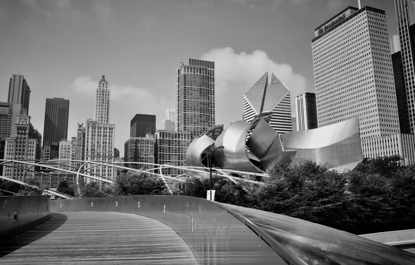 Photo wallpaper city, skyscrapers, Chicago, Michigan, black and white, USA, USA, America