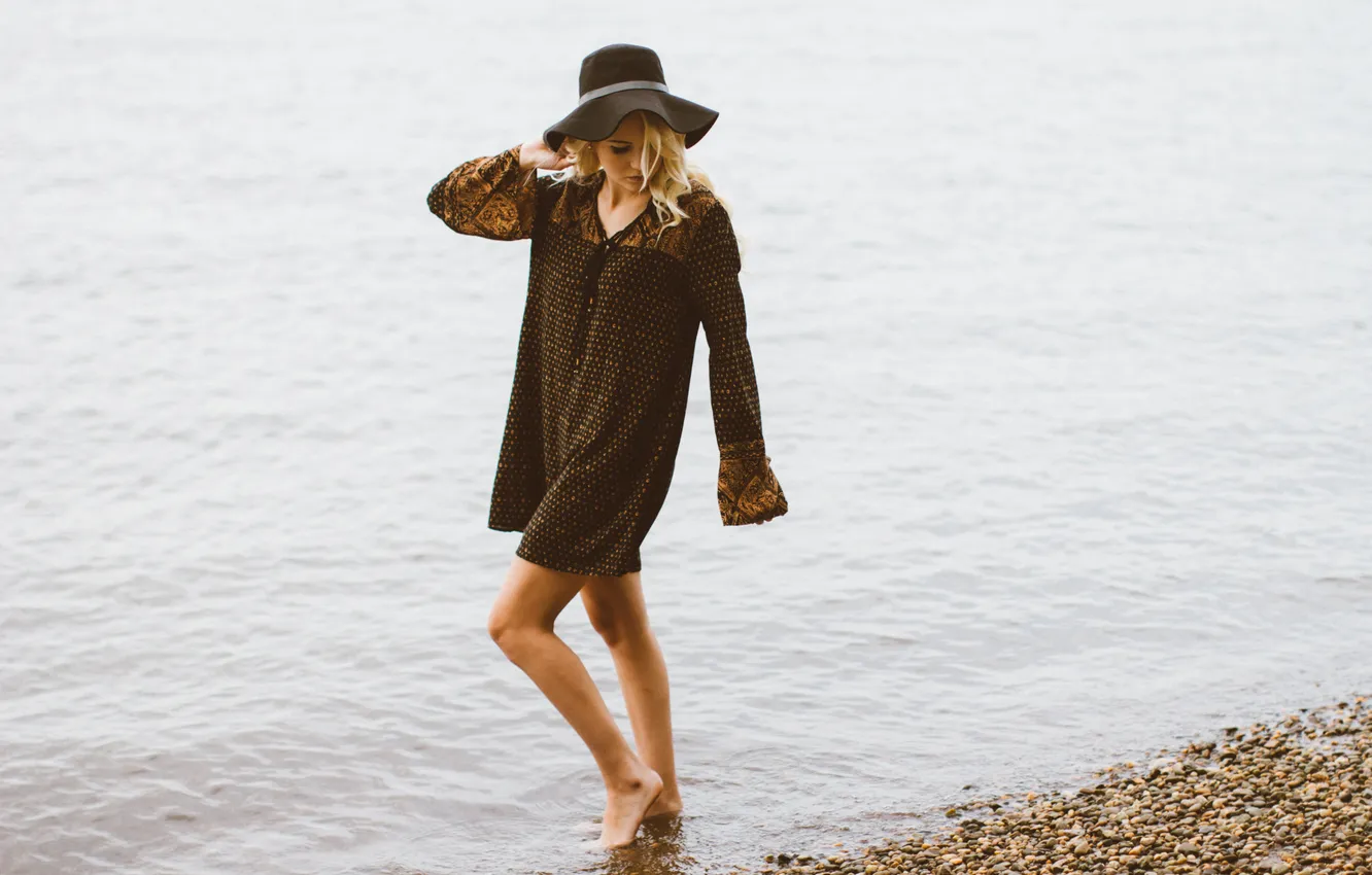 Photo wallpaper beach, water, hat, blonde