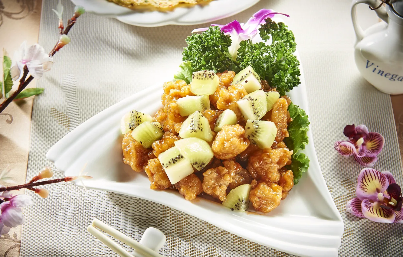 Photo wallpaper chicken, kiwi, dish