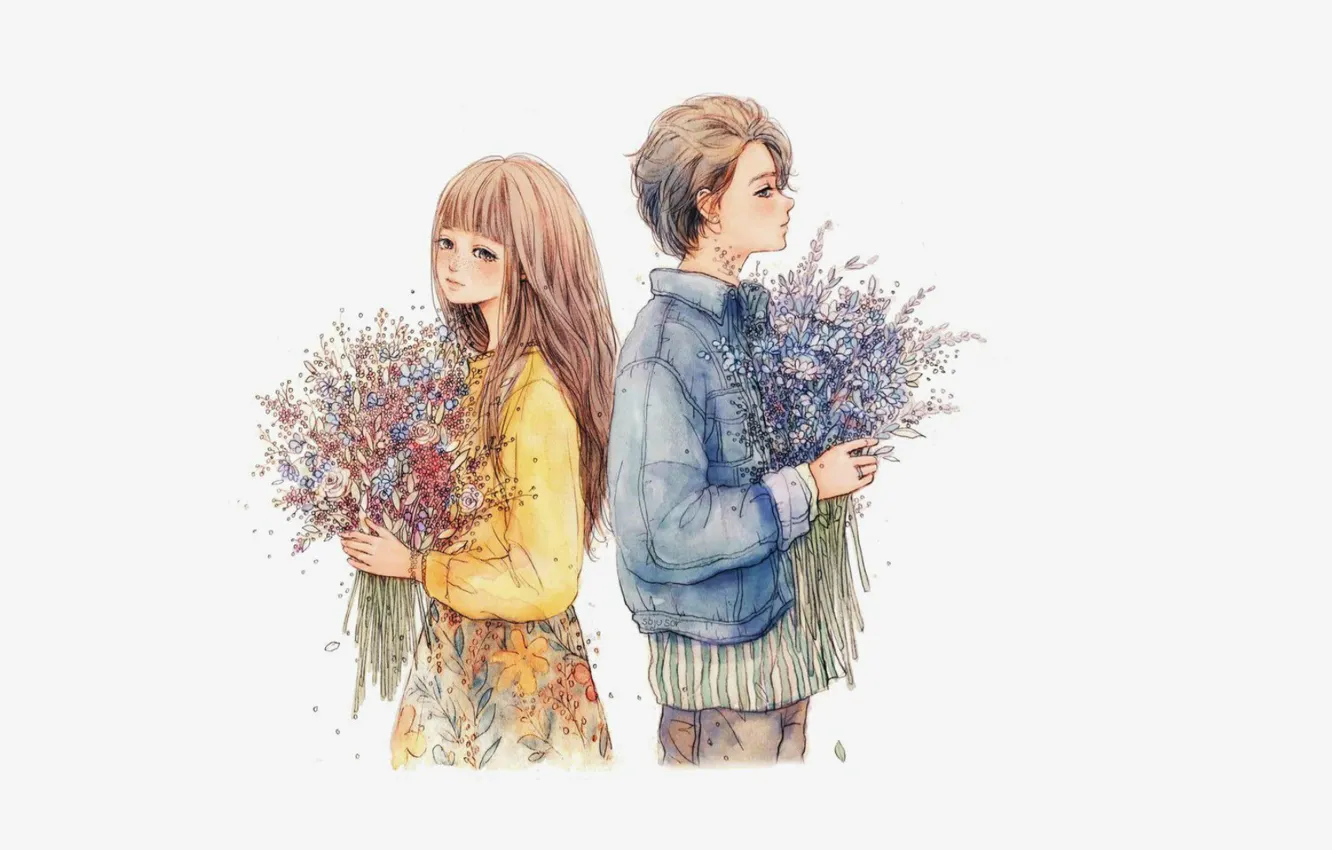 Photo wallpaper children, romance, bouquet, boy, jacket, girl, blue background, wildflowers