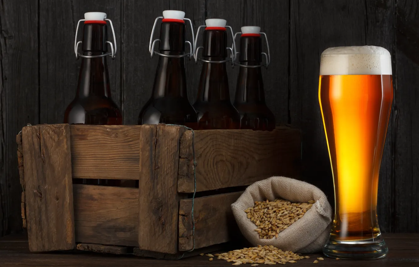 Photo wallpaper foam, glass, bottle, beer, grain, box