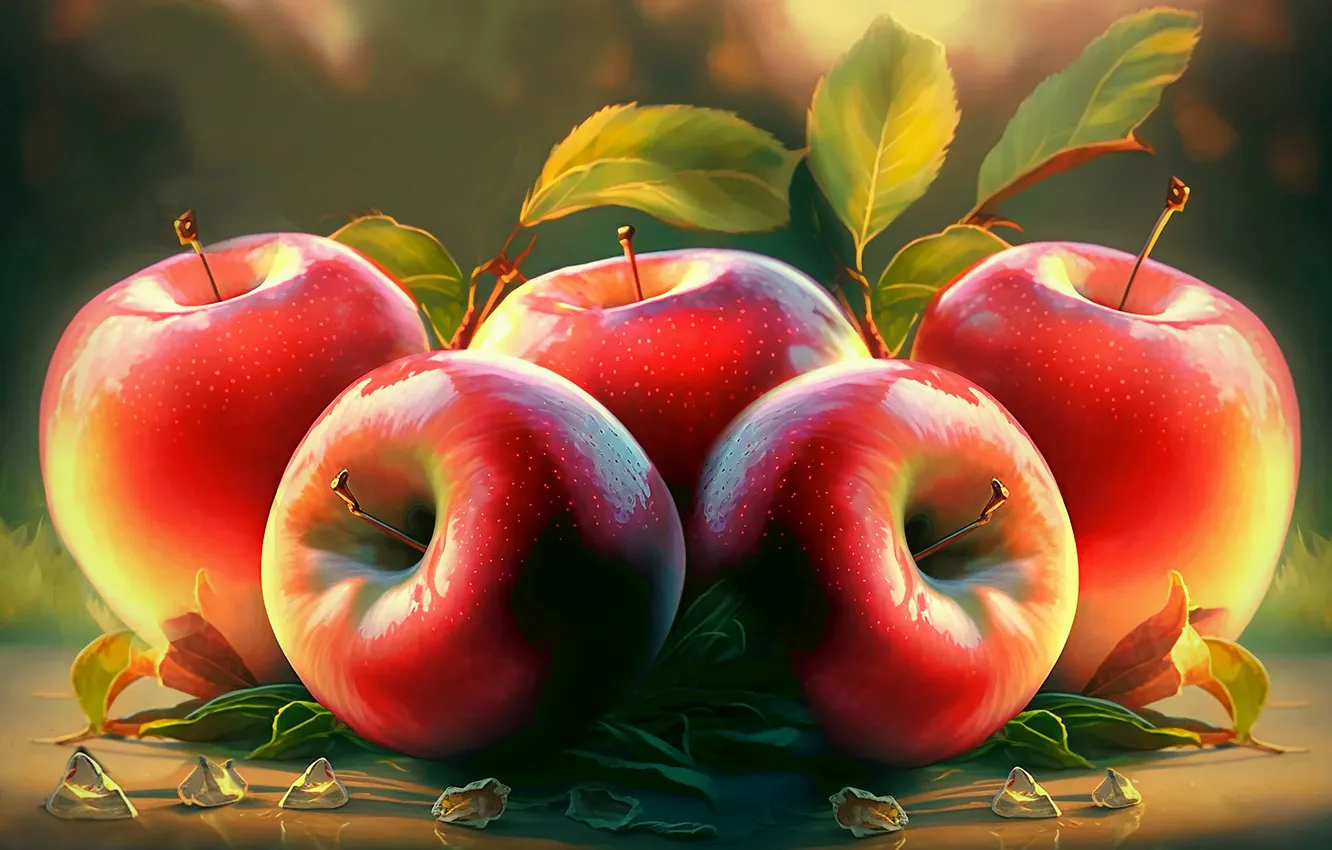 Photo wallpaper leaves, red, apples, AI art, neural network