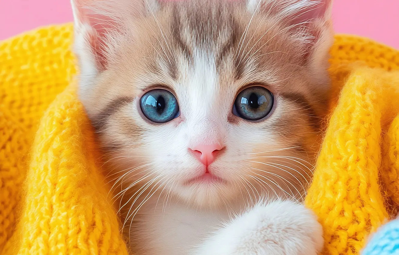 Photo wallpaper cat, look, pose, kitty, face, pink background, yarn, white with grey