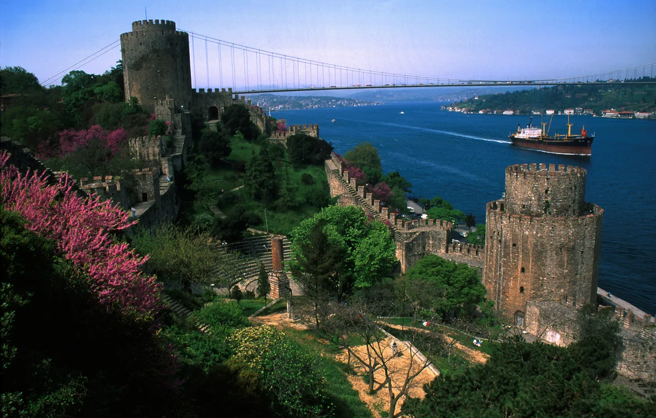 Photo wallpaper sea, Istanbul, Turkey, ship, strait, Citadel, Towers, Bosphorus