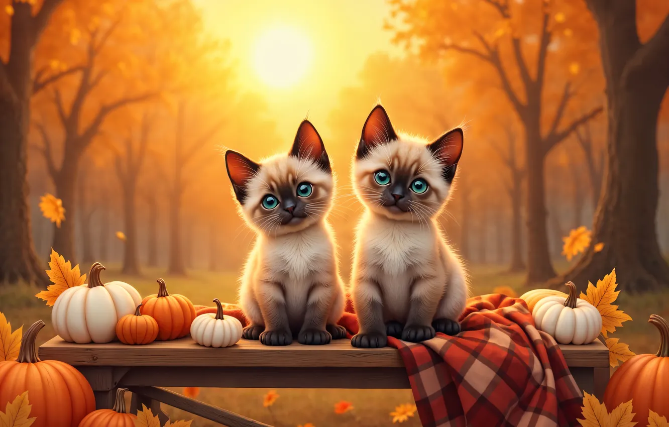 Photo wallpaper autumn, forest, look, the sun, light, trees, cats, bench