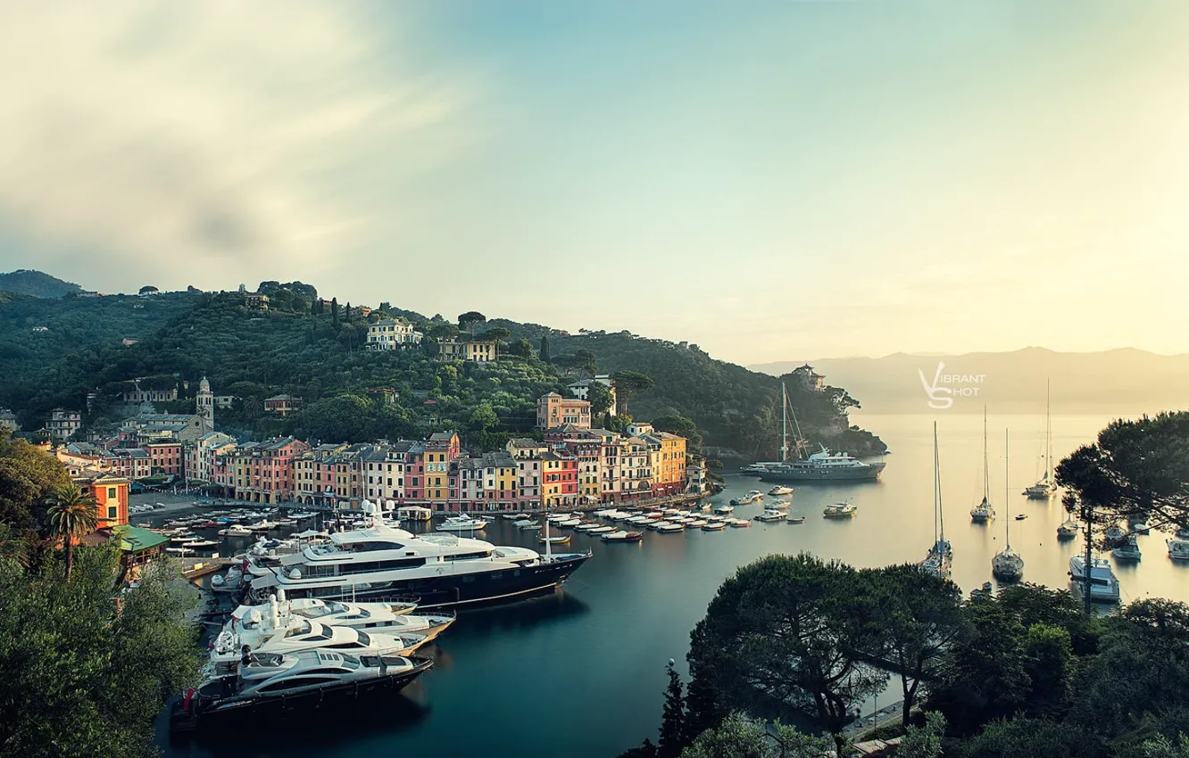 Photo wallpaper greens, dawn, hills, yachts, morning, photographer, harbour, Michael Woloszynowicz