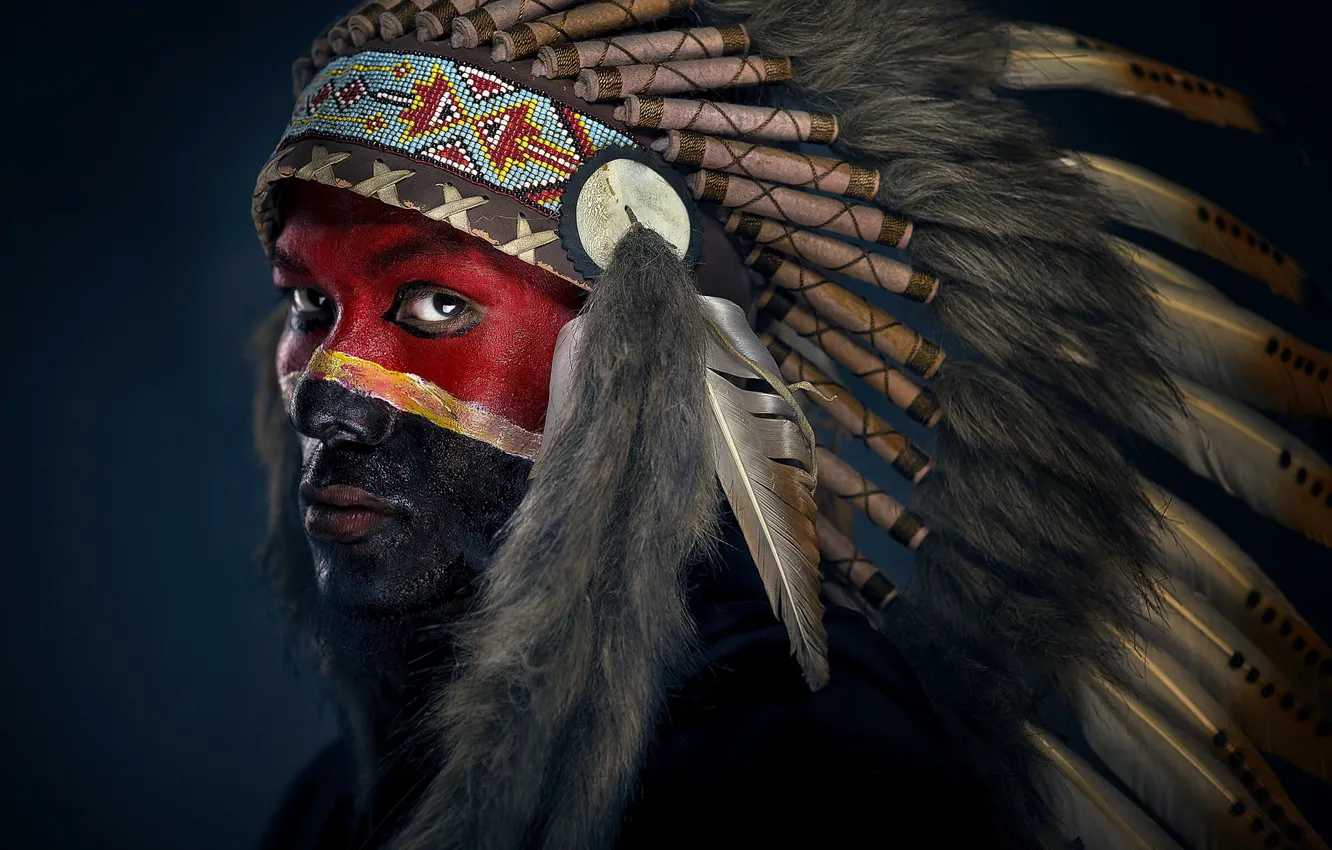 Photo wallpaper man, apache, colour, painted face