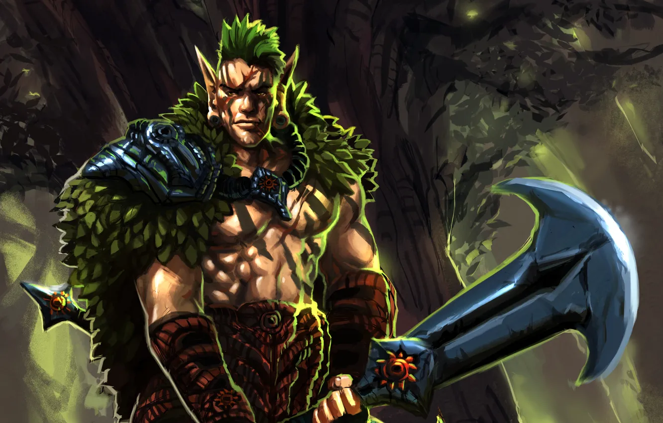 Photo wallpaper trees, weapons, elf, warrior, art, guy, Cape, champion