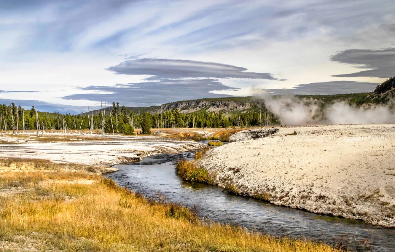 Photo wallpaper field, autumn, forest, the sky, clouds, river, shore, smoke