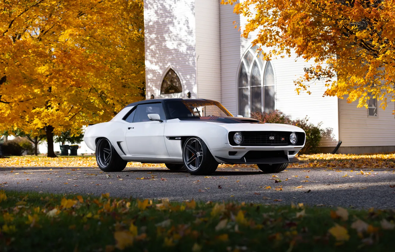 Photo wallpaper Chevrolet, 1969, Camaro, white, building, SEMA, Ringbrothers, SEMA 2022