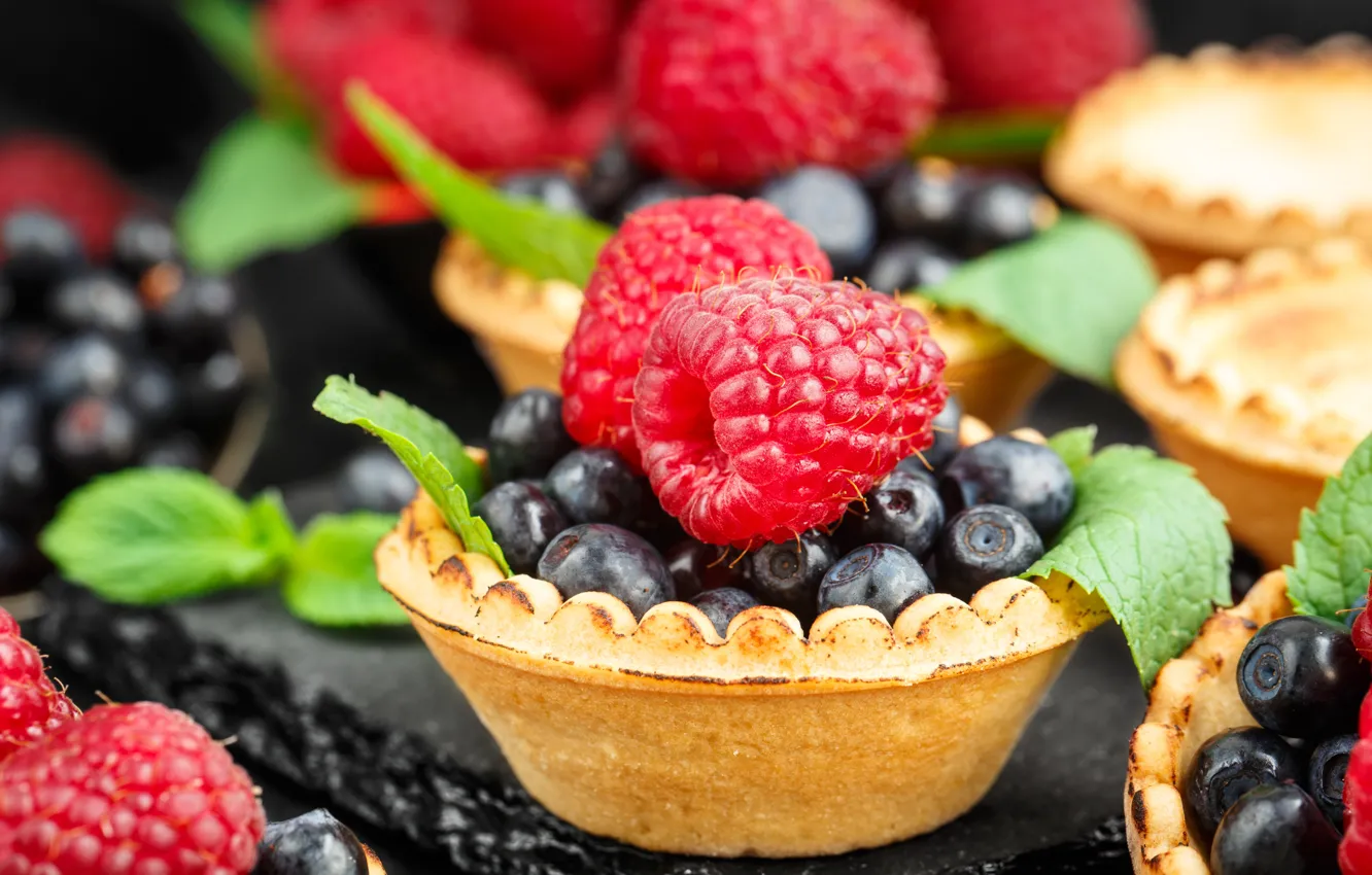 Photo wallpaper berries, raspberry, blueberries, dessert, sweet, tartlets