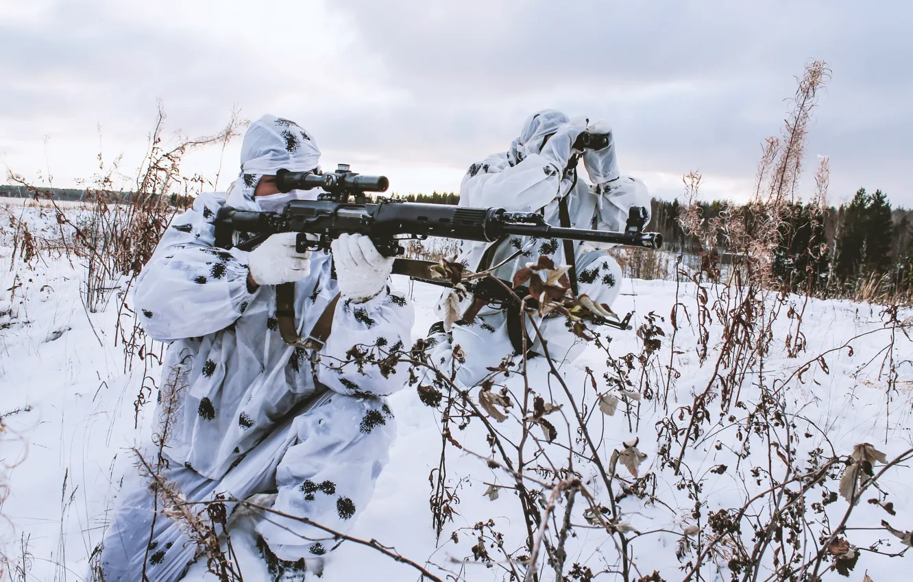 Photo wallpaper winter, snow, weapons, sniper, camouflage, special forces