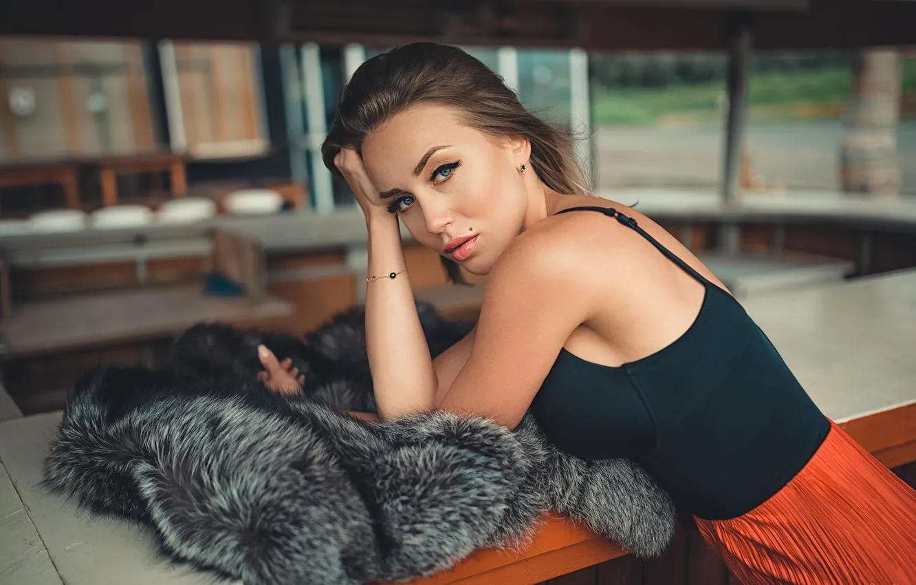 Photo wallpaper look, girl, makeup, Mike, fur, brown hair, Stephanos Georgiou