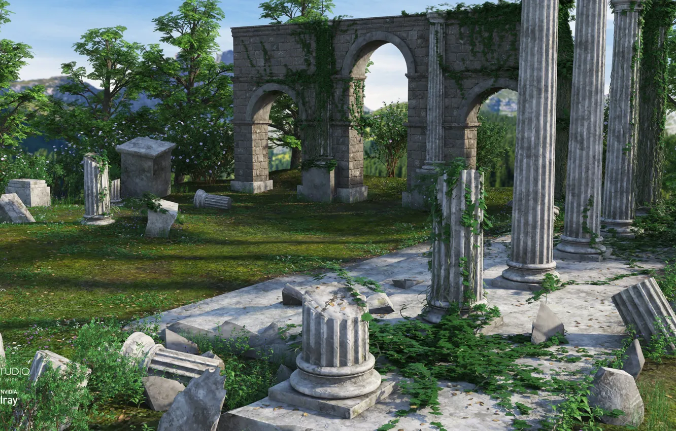 Photo wallpaper trees, the ruins, columns, ruins, Ancient Ruins