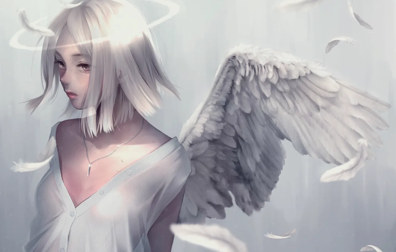 Photo wallpaper girl, fantasy, anime, wings, feathers, angel, digital art, artwork