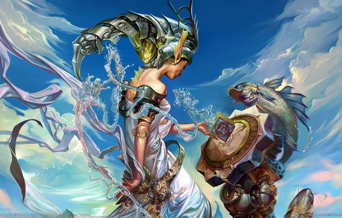 Photo wallpaper girl, clouds, metal, magic, fish, art, cube, chen wei