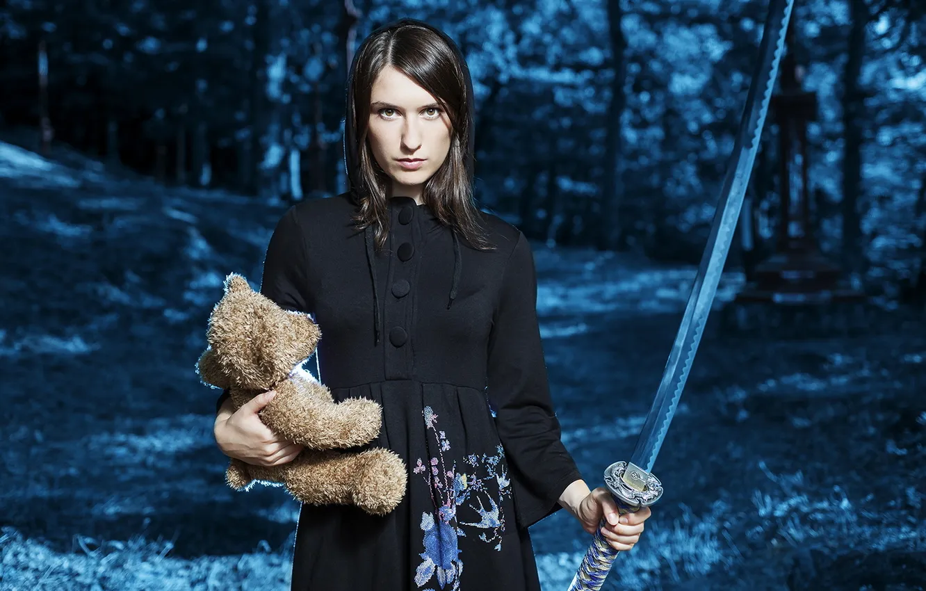 Photo wallpaper girl, sword, bear