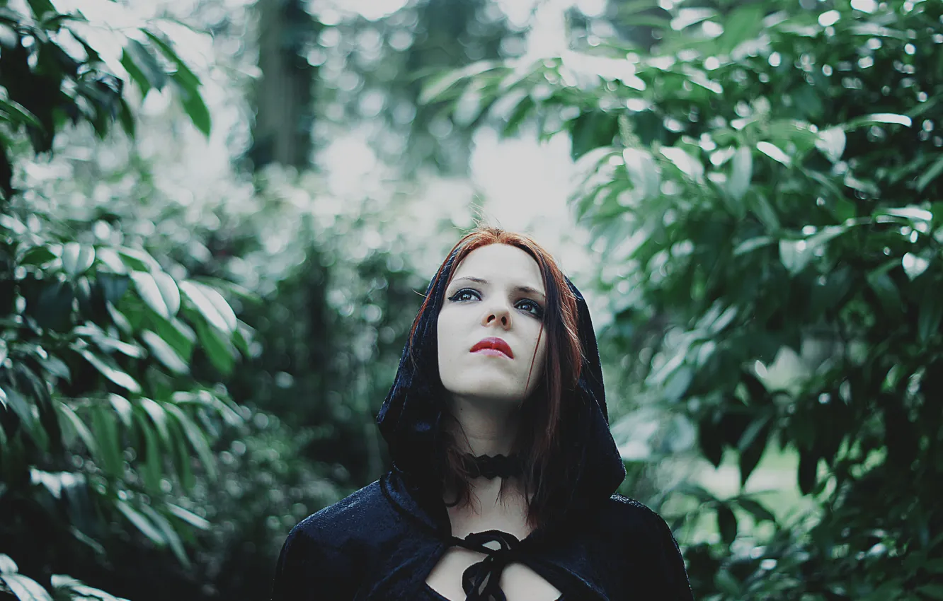 Photo wallpaper look, leaves, girl, branches, brown hair, redhead