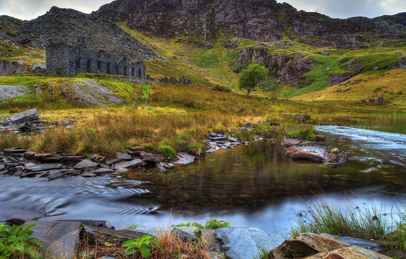 Photo wallpaper mountains, nature, river, stones, photo