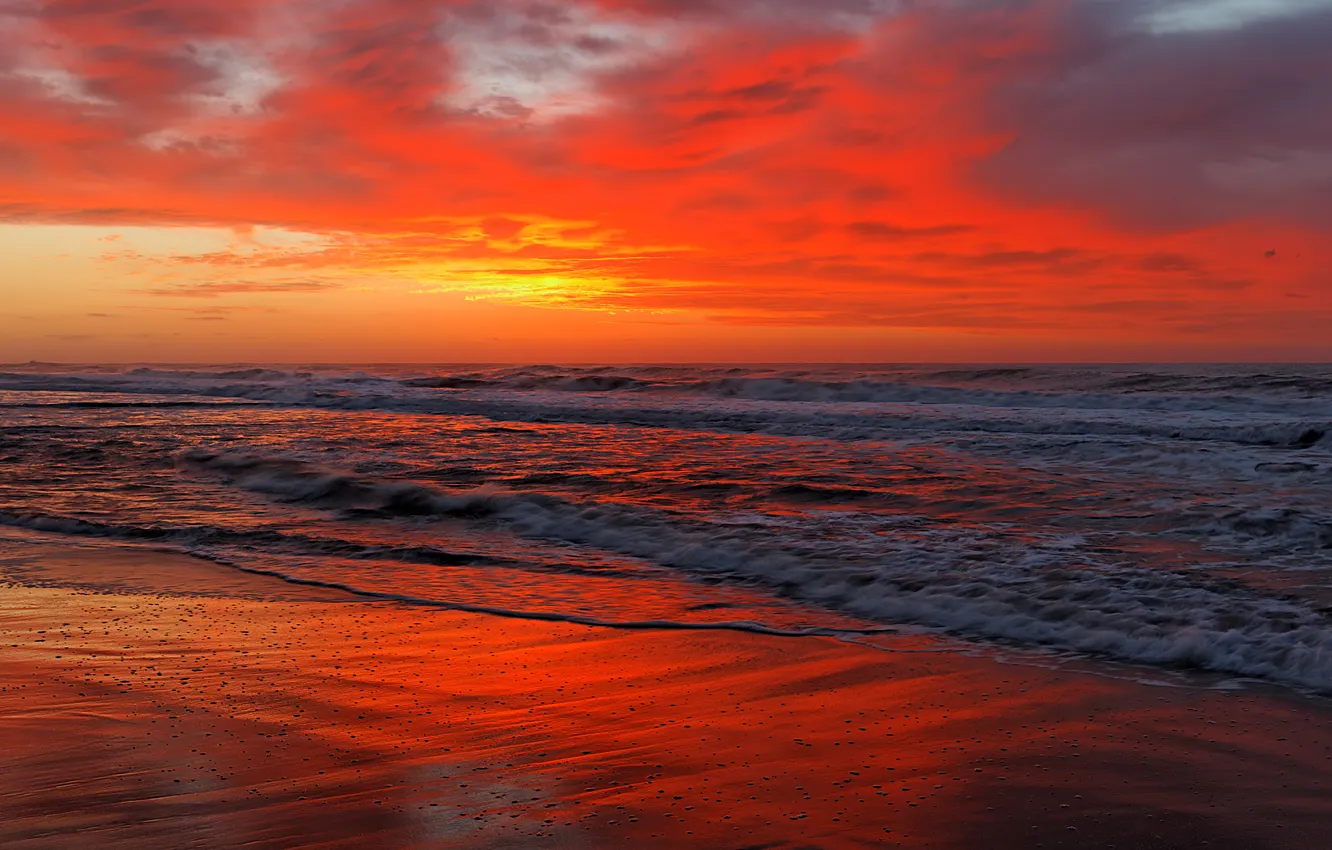 Photo wallpaper sea, sunset, red