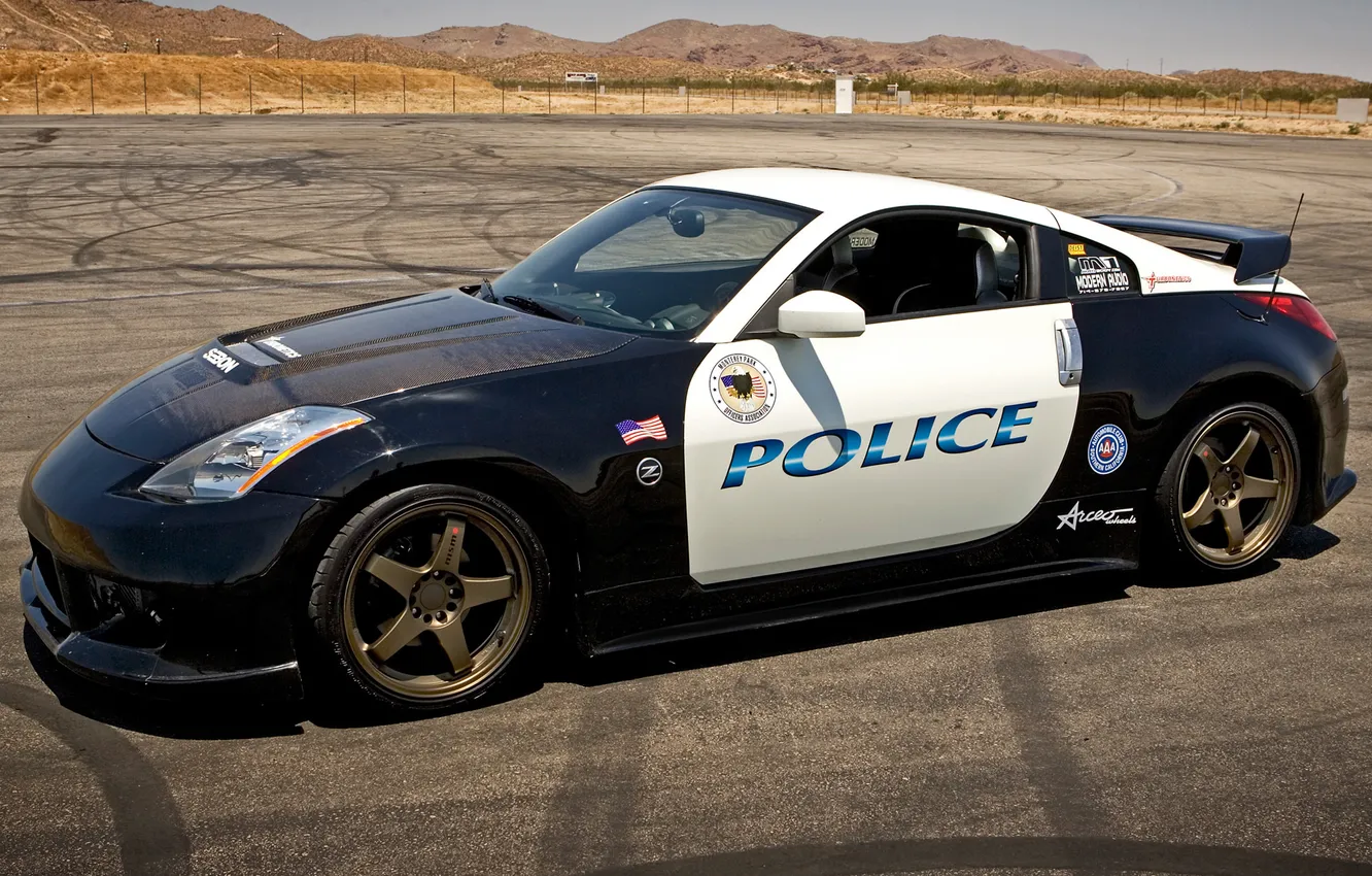 Photo wallpaper asphalt, desert, police, Nissan, Police, Nissan, 350Z, Nismo