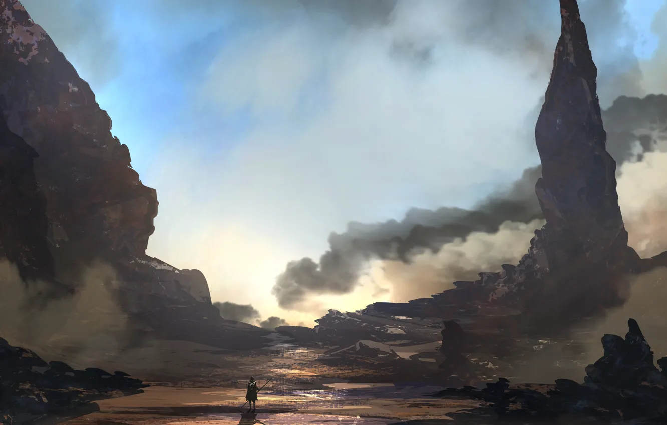 Photo wallpaper landscape, rocks, figure, people, silhouette, art, landscapes, digital art