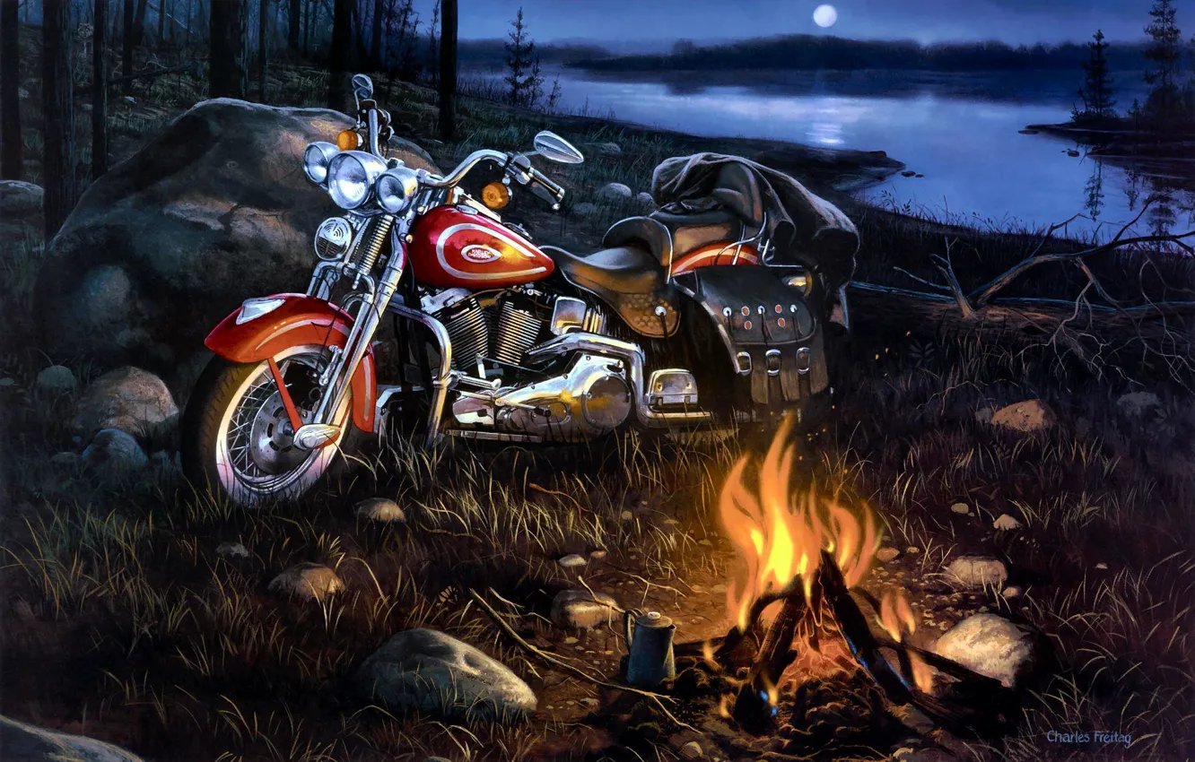 Photo wallpaper landscape, river, the fire, art, motorcycle, Harley-Davidson, Charles Friday