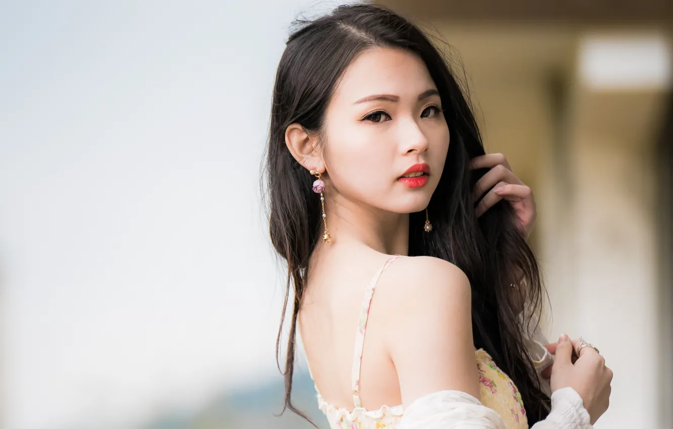 Photo wallpaper look, girl, hair, Asian, cutie, bokeh, shoulder