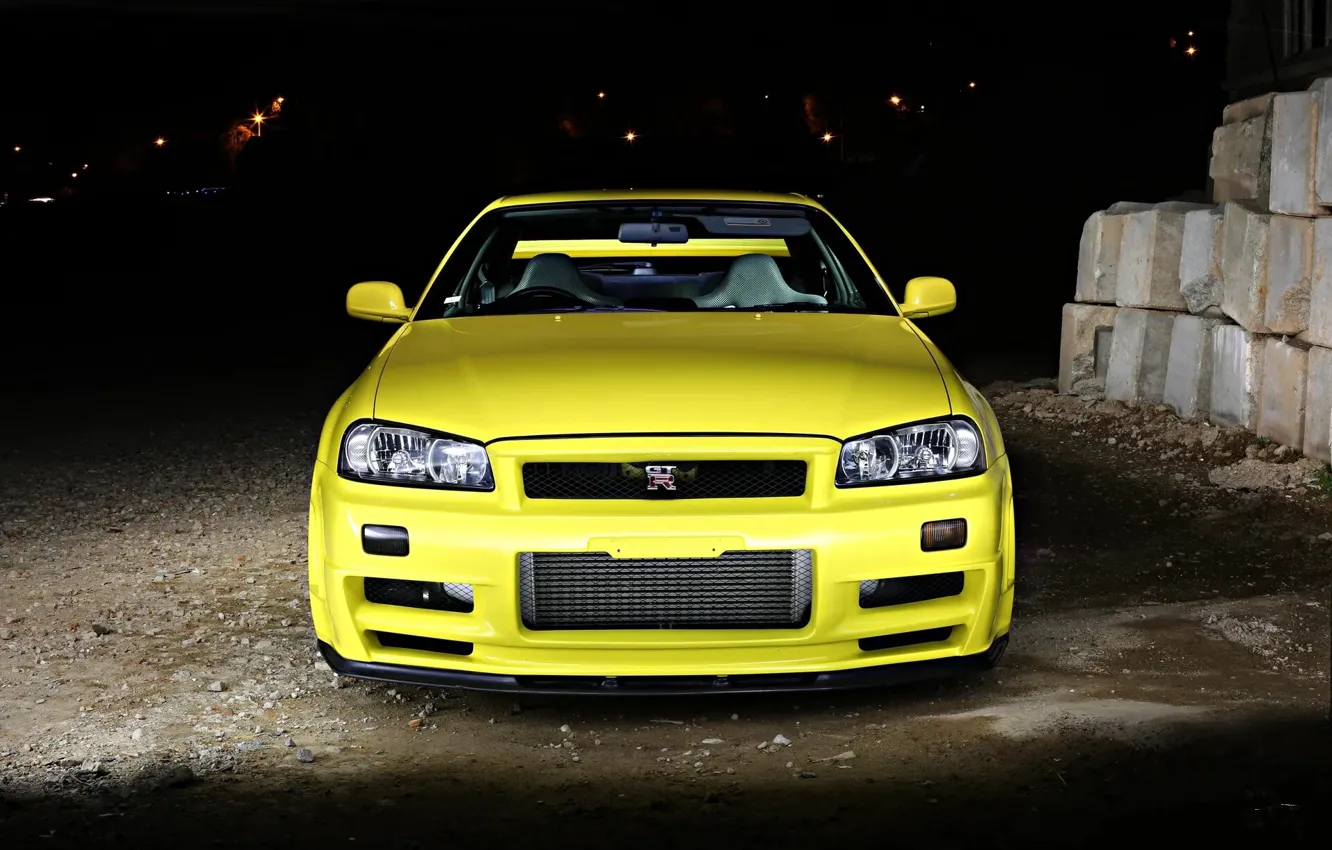 Photo wallpaper GT-R, Skyline, Yellow, R34, Front view
