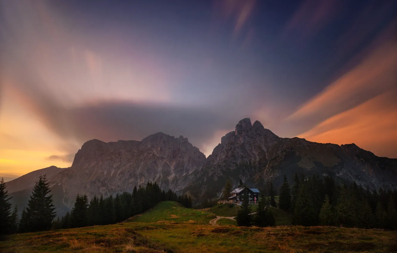 Photo wallpaper forest, the sky, mountains, Alps, house