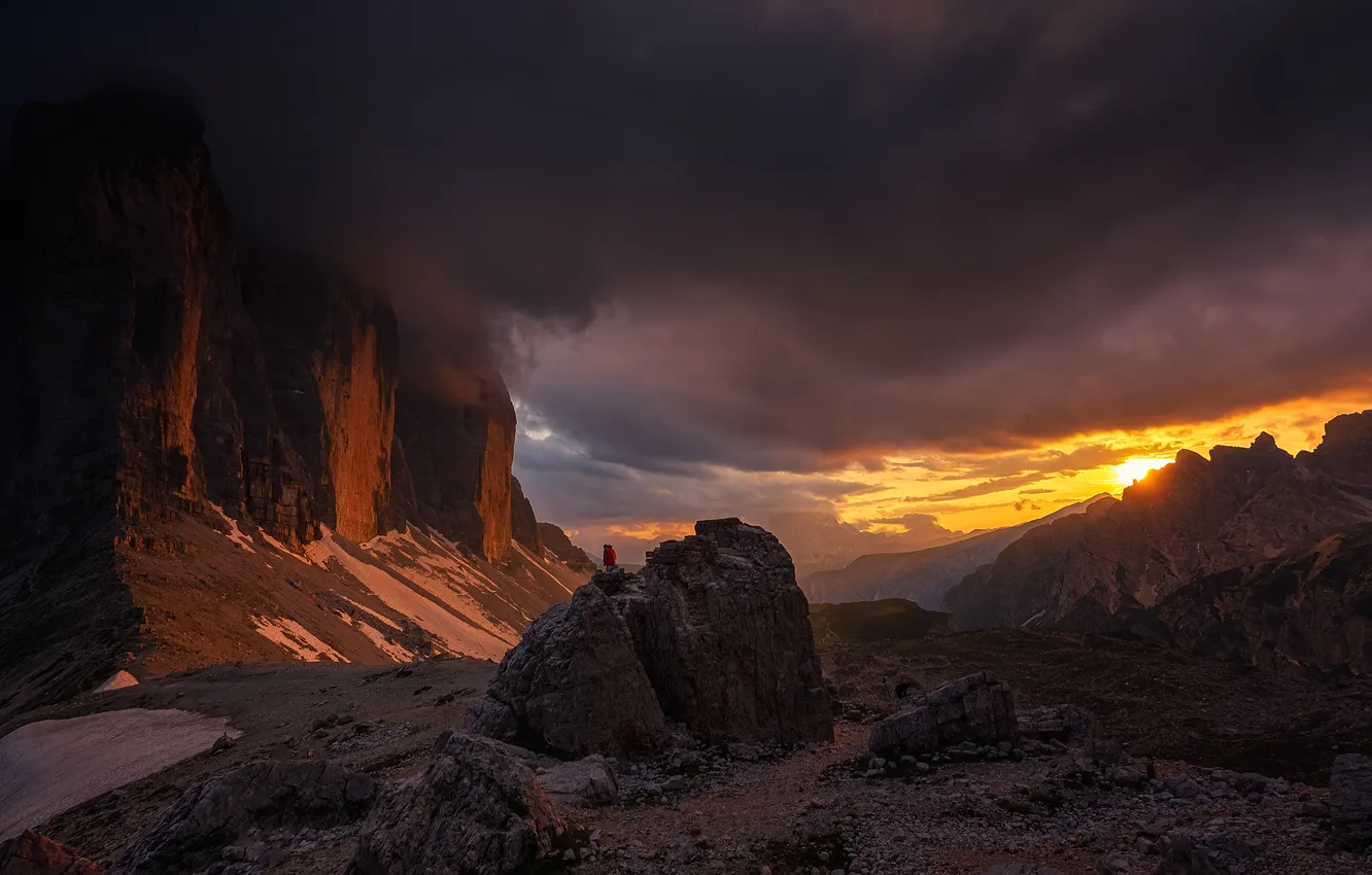 Photo wallpaper sunset, mountains, stones, rocks, tops, The Dolomites