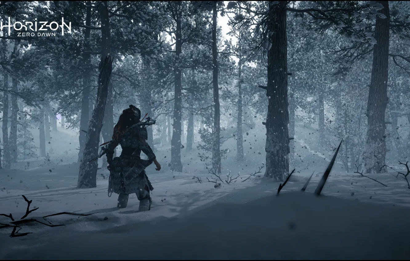 Photo wallpaper game, forest, mountain, Aloy, Horizon Zero Dawn