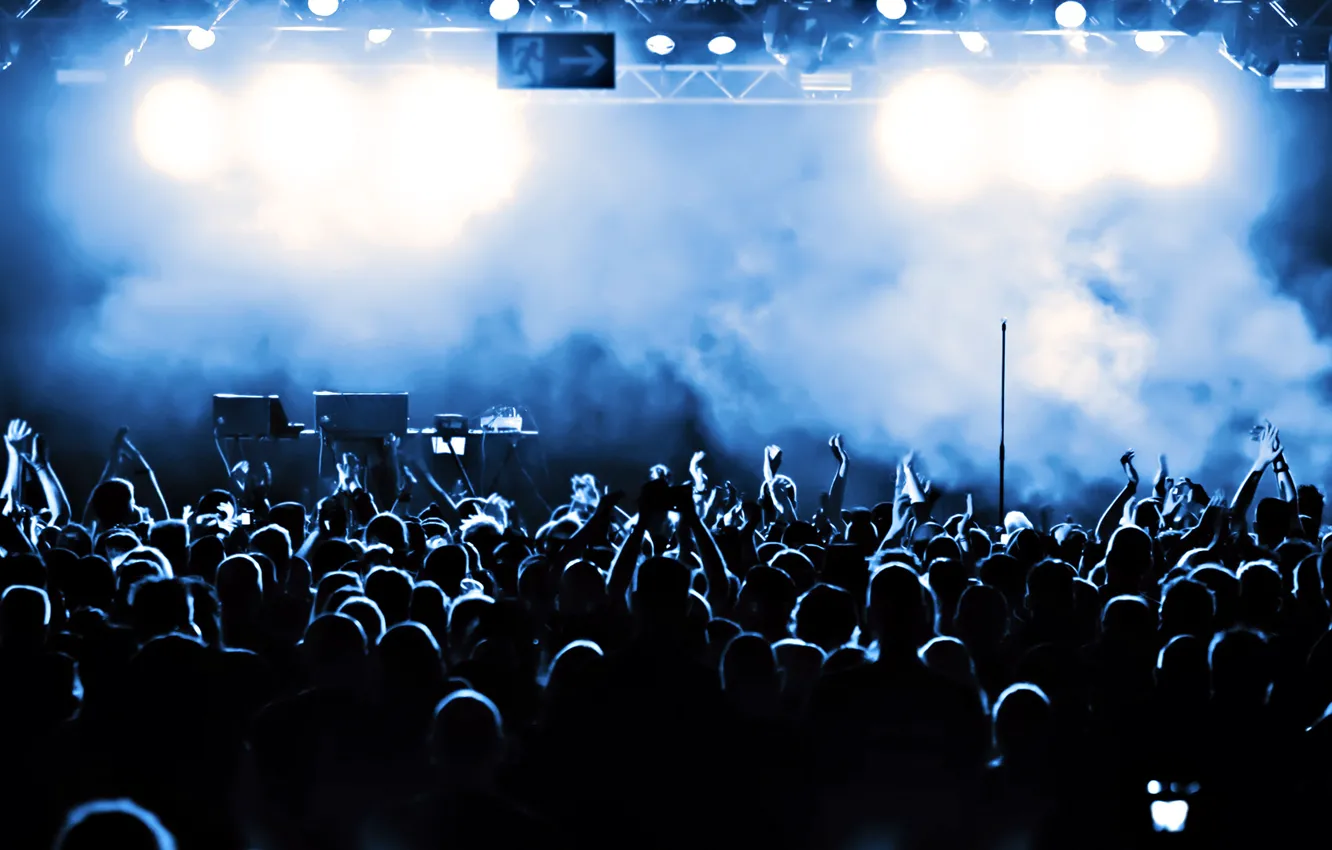 Photo wallpaper darkness, smoke, the crowd, scene, Concert, the audience, applause