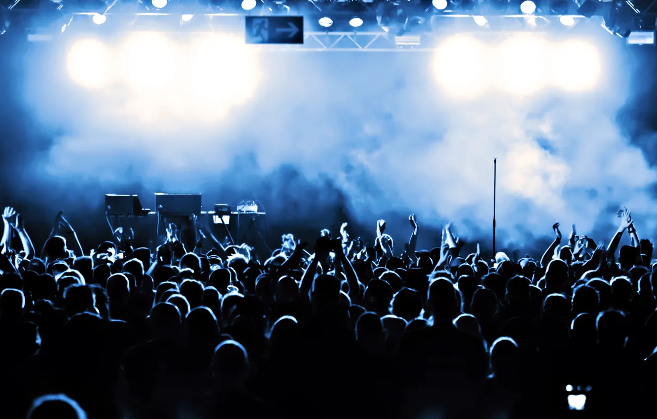 Photo wallpaper darkness, smoke, the crowd, scene, concert, the audience, applause