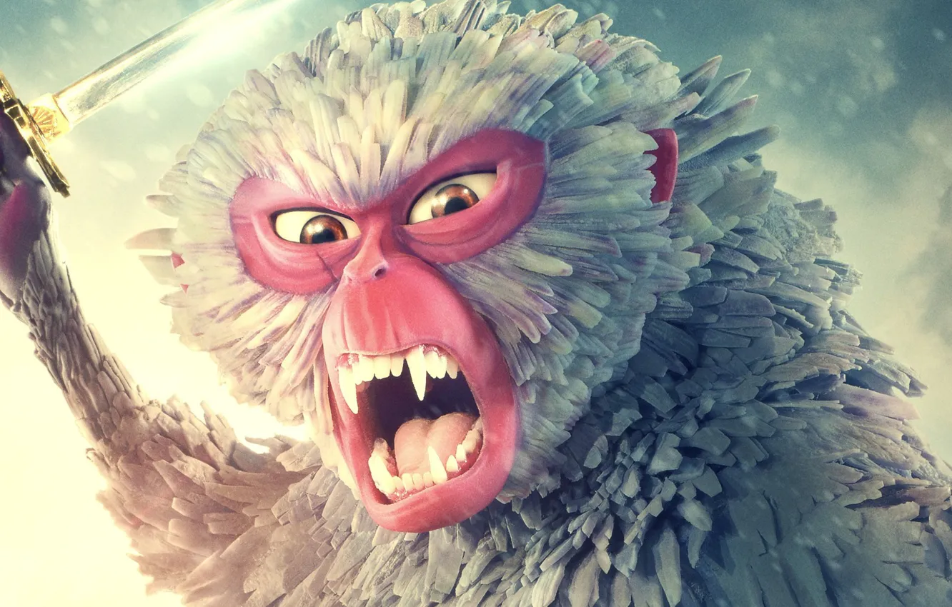 Photo wallpaper sword, fantasy, monkey, Blizzard, sky, weapon, clouds, snow