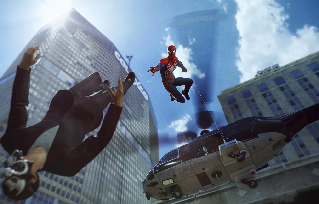 Photo wallpaper The game, Web, Helicopter, Costume, Building, Hero, Mask, Superhero