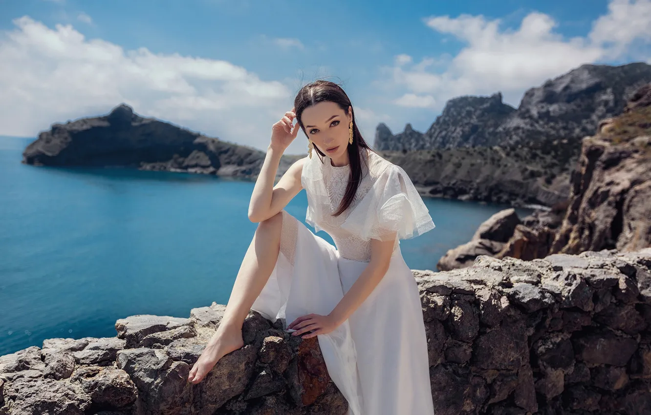 Photo wallpaper look, girl, pose, rocks, white dress, Crimea, The black sea, Sergey Nibic
