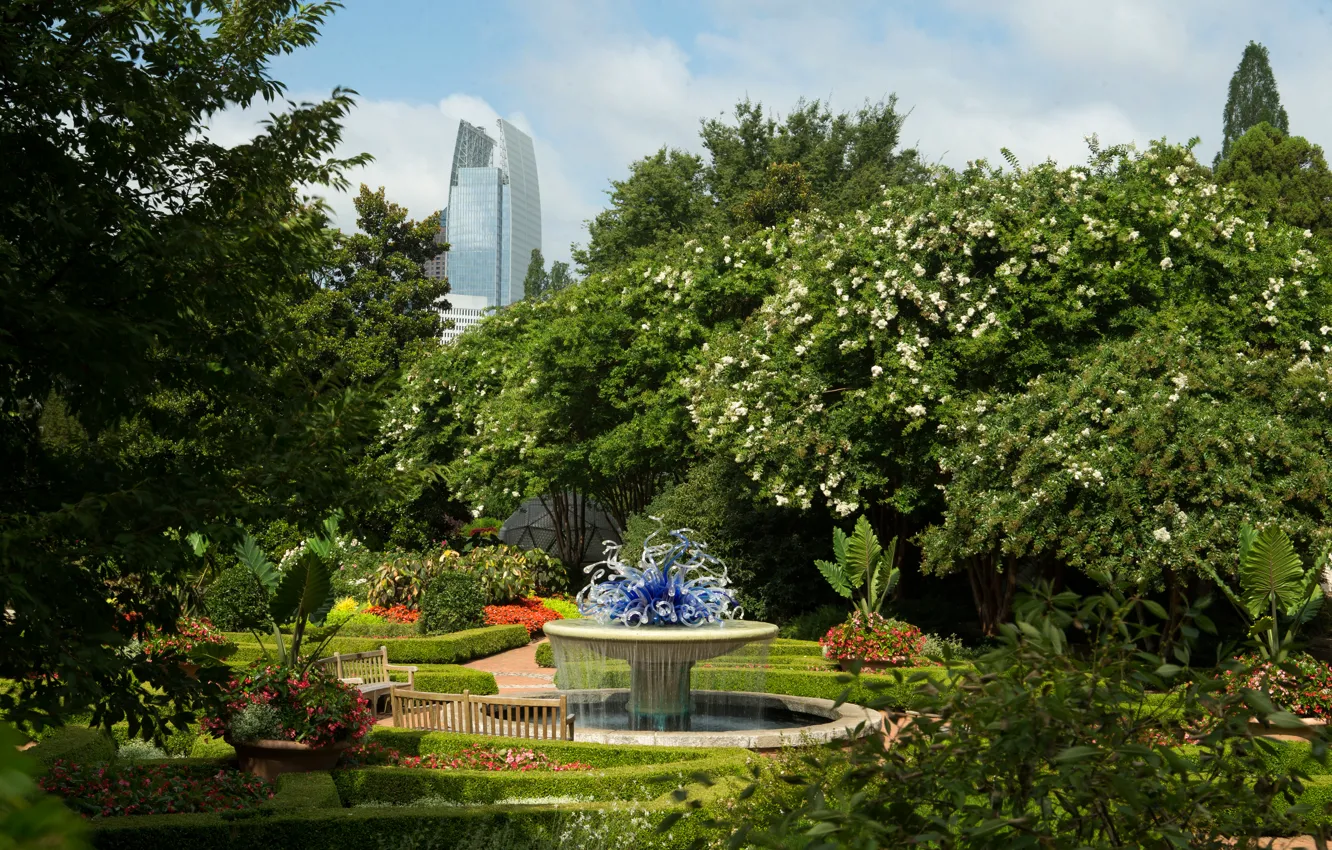 Photo wallpaper trees, flowers, bench, Park, fountain, USA, the bushes, Atlanta